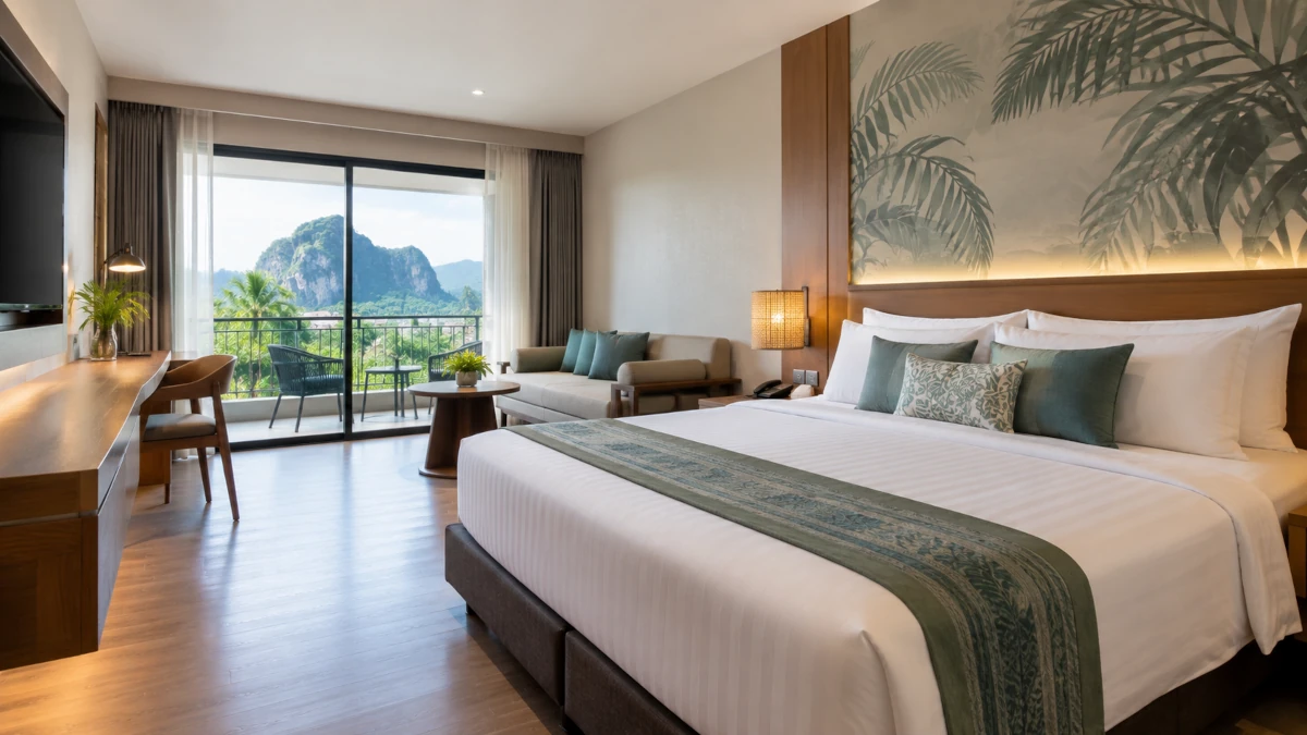 Krabi mid-range hotel room with mountain views